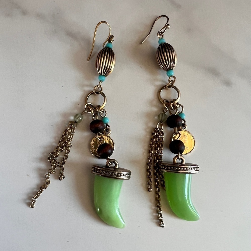 Southwestern Green & Gold Metal Bead & Wood Embellished Dangle Earrings